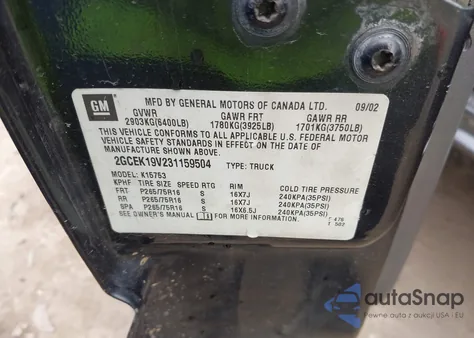 2003 Chevrolet Silverado K1500 from USA, damaged, VIN 2GCEK19V231159504